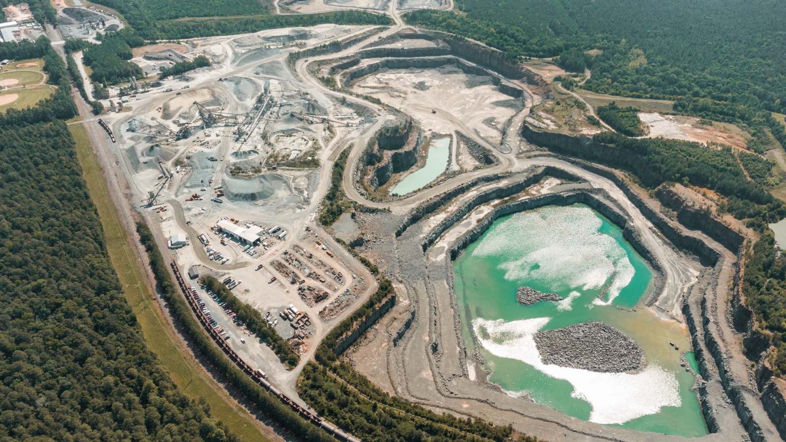 Aerial view of Sunrock's quarry with reclaimed pit lakes